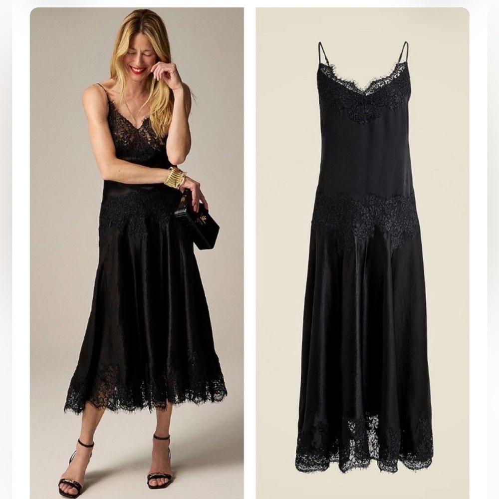 J. Crew Collection Black Lace-Trim Slip Dress in Textured Satin NWT